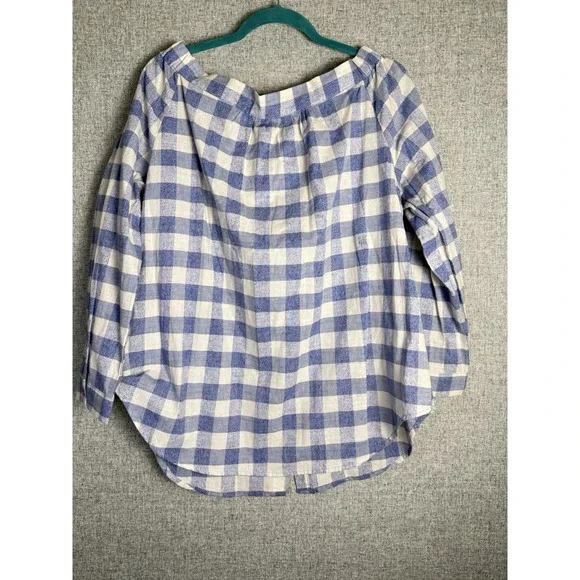 NWT Hayden LA Blue White Plaid Gingham Off Cold Shoulder Button Down Shirt LARGE - Picture 3 of 4